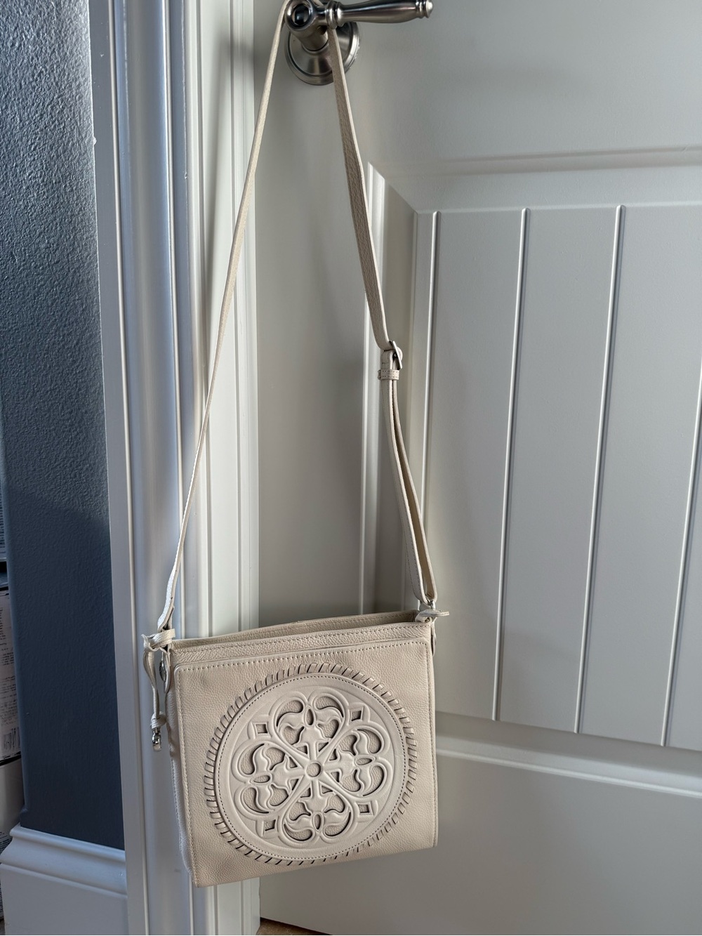 NWT, Box & Bag: Brighton Cream Crossbody Ferrara Bag with Decorative Medallion